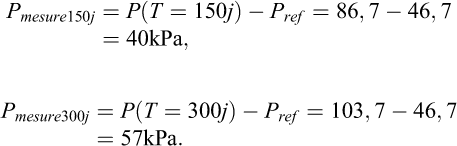 $\matrix{ {{P_{mesure}}150j = P(T = 150j) - {P_{ref}} = 86,7 - 46,7 = 40{\rm{kPa}}} \cr {{P_{mesure}}300j = P(T = 300j) - {P_{ref}} = 103,7 - 46,7 = 57{\rm{kPa}}} \cr }$